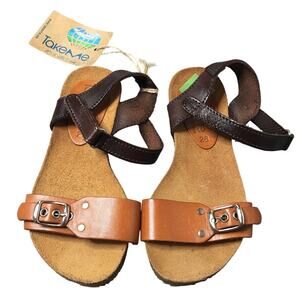 NWT Take Me Spanish Shoes Cork Footbed Girls Open Toe Flat Sandals Brown